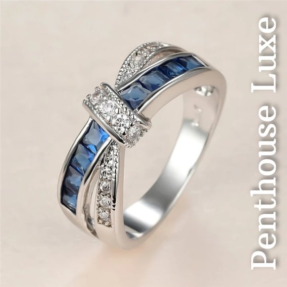 FINAL RESTOCK!! Blue Sapphire Criss Cross 10k White Gold Plated Bow Ring - Picture 1 of 6